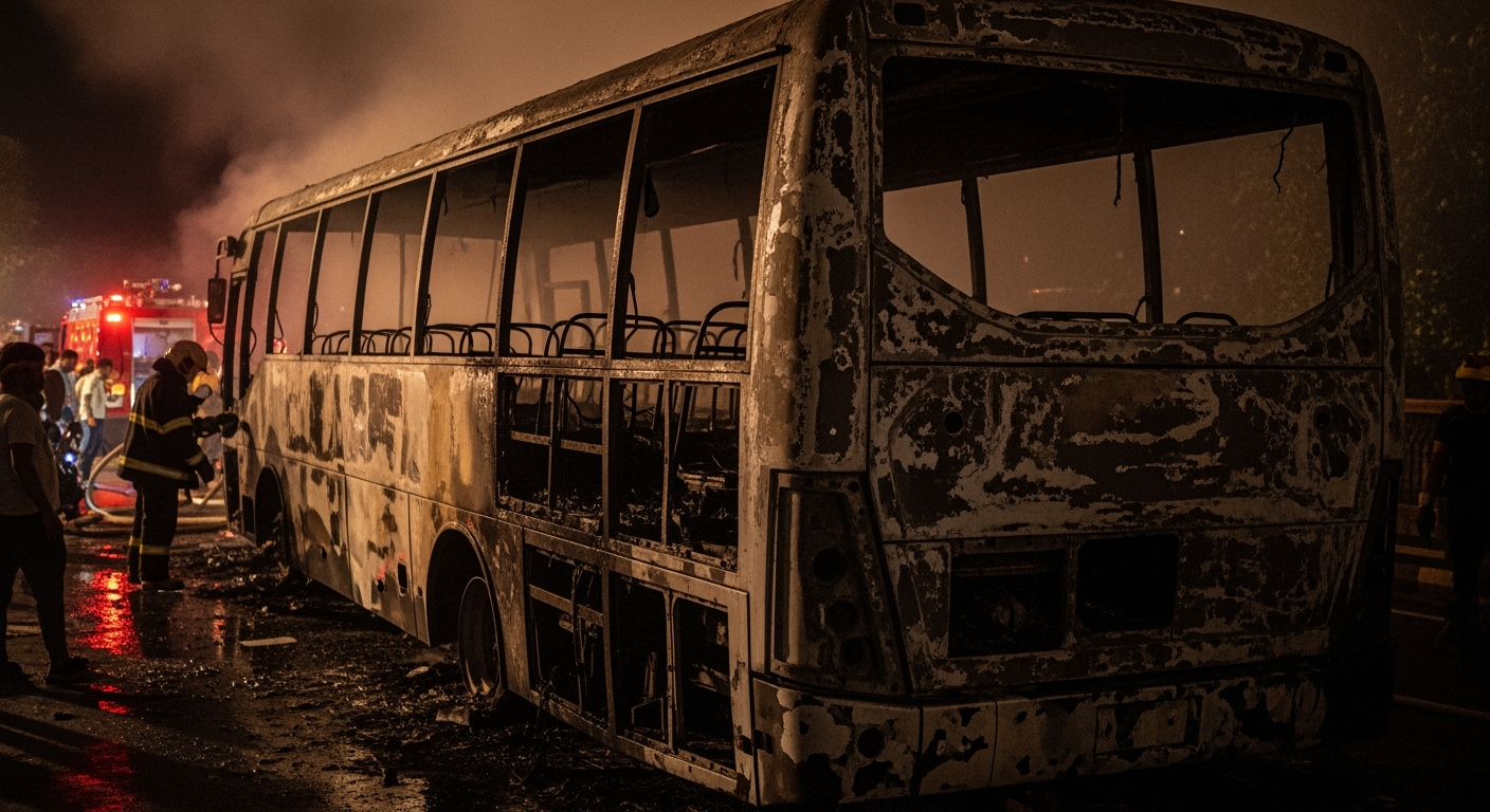 Tragic Bus Blaze Claims 20 Lives on Indian Highway After Motorcycle Collision