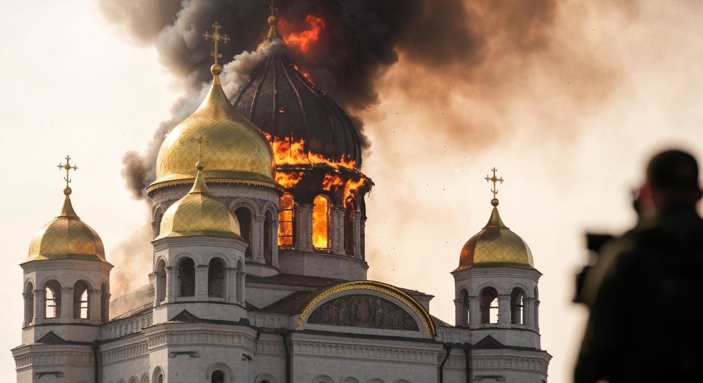 Ancient Kyiv Cathedral Engulfed in Flames Amidst Sweeping Russian Assault